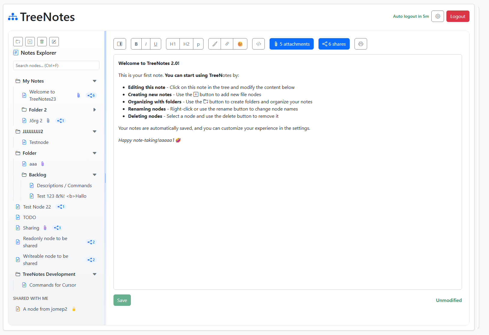 TreeNotes main view with tree and editor